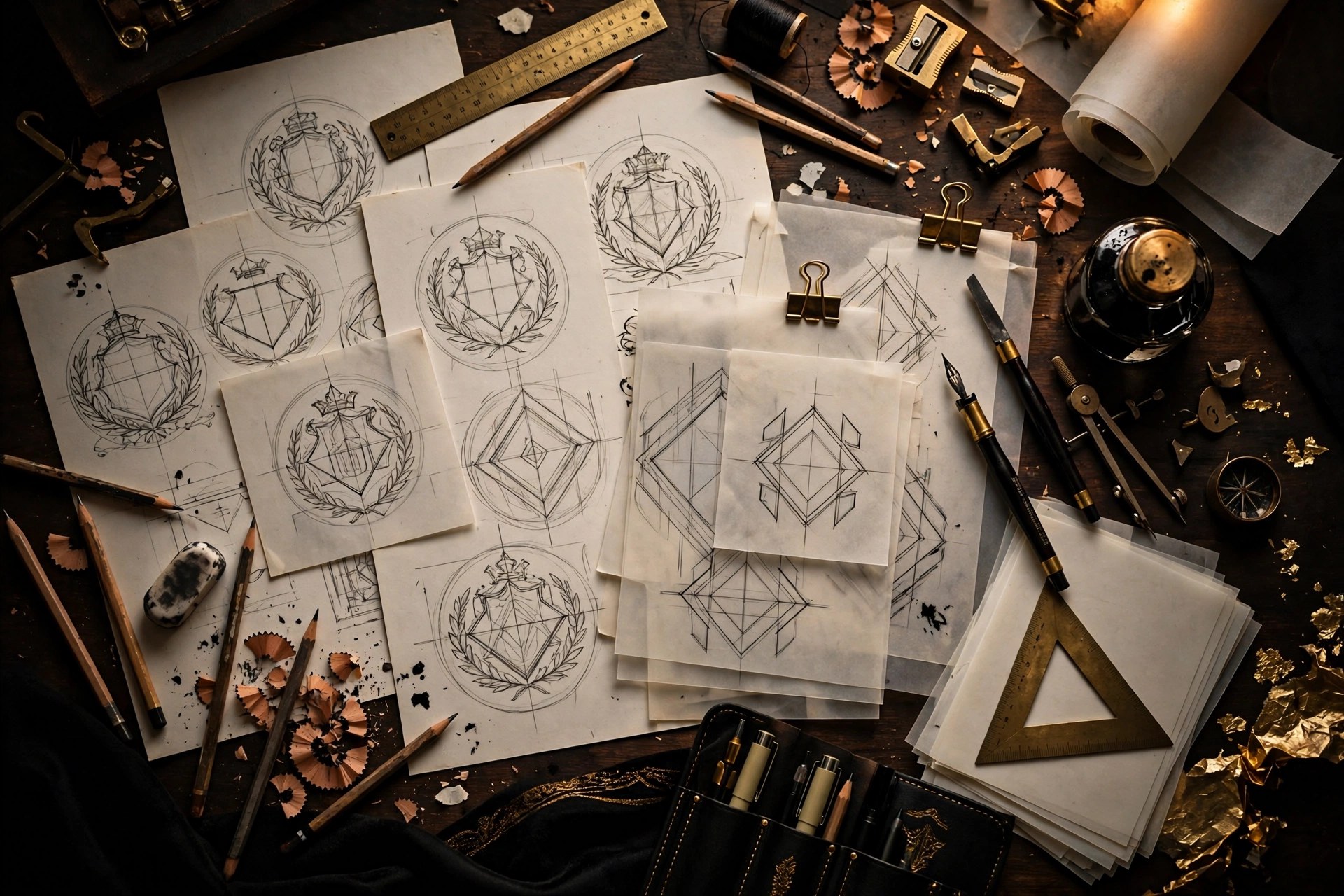 Hand-drawn design drafts on a craftsman's desk